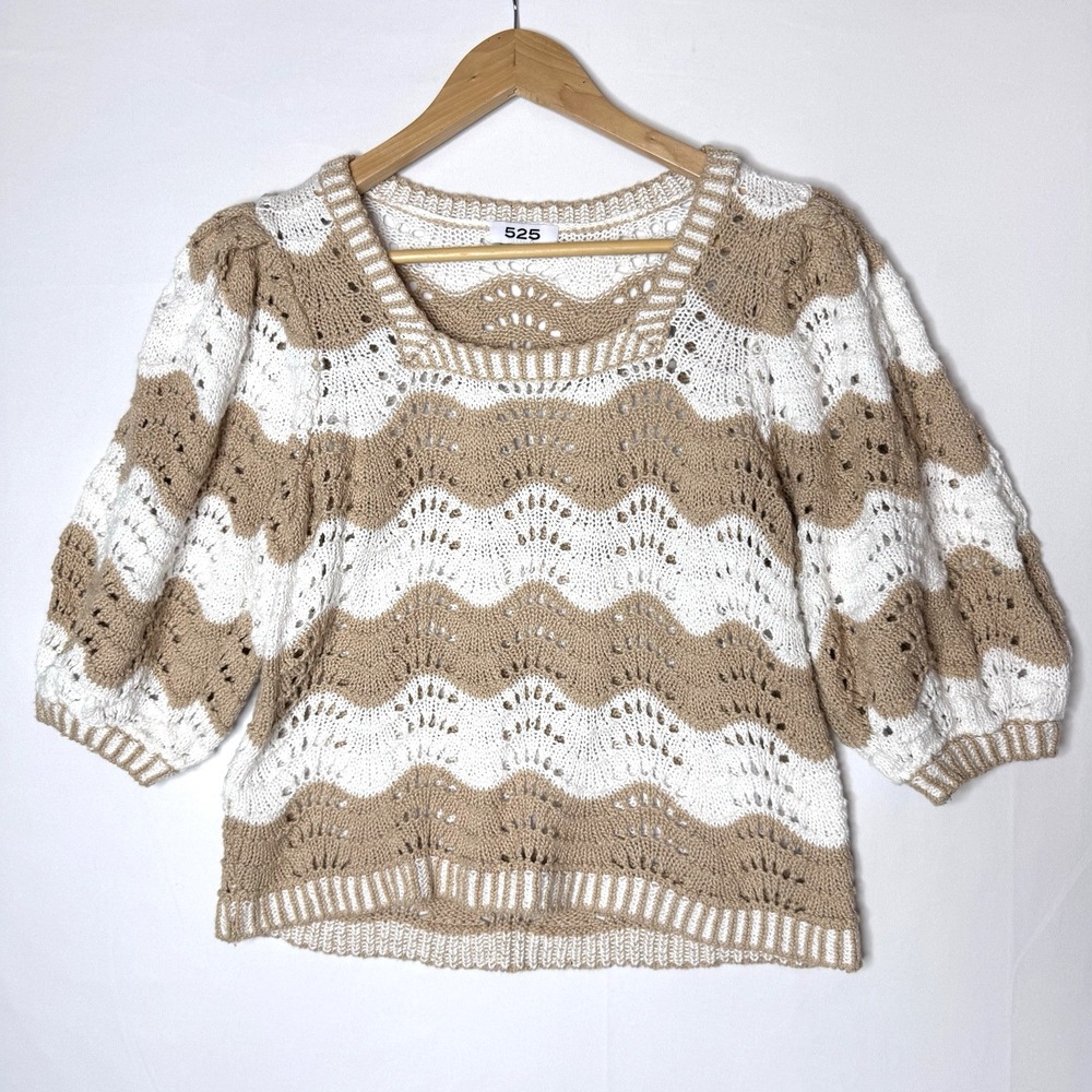 525 America Sweater Sz L Puff 100% Cotton Boxy Open Knit Neutral Cropped Striped